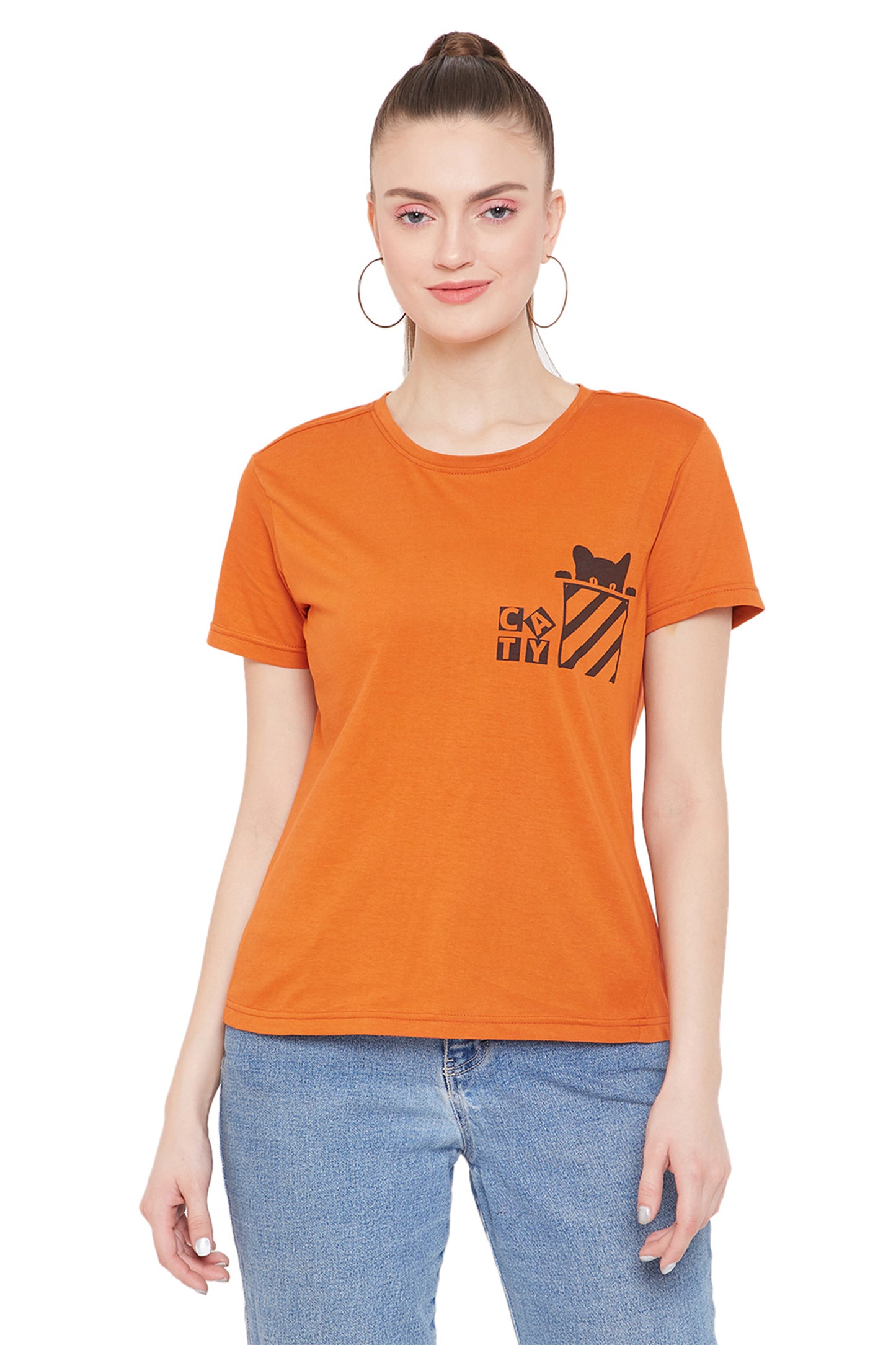 Cat Printed Orange T-Shirt for Women