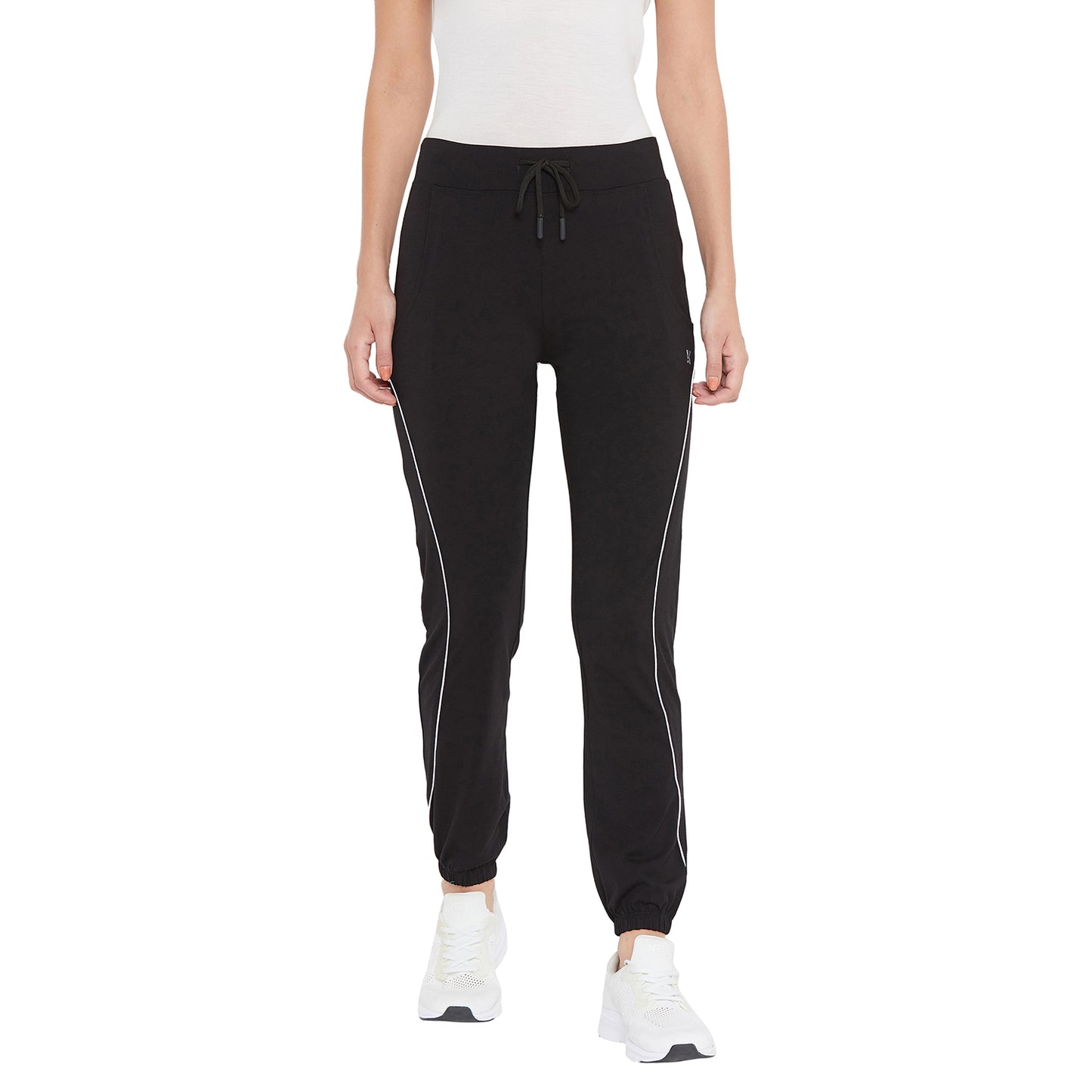 Women Bottom Rib Side Piping Track Pants Black Color