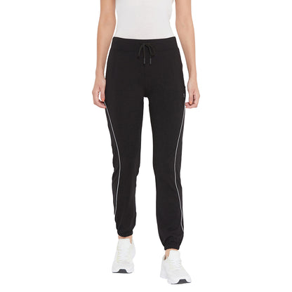 Women Bottom Rib Side Piping Track Pants Black Color