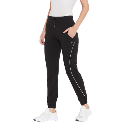 Women Bottom Rib Side Piping Track Pants Black Color