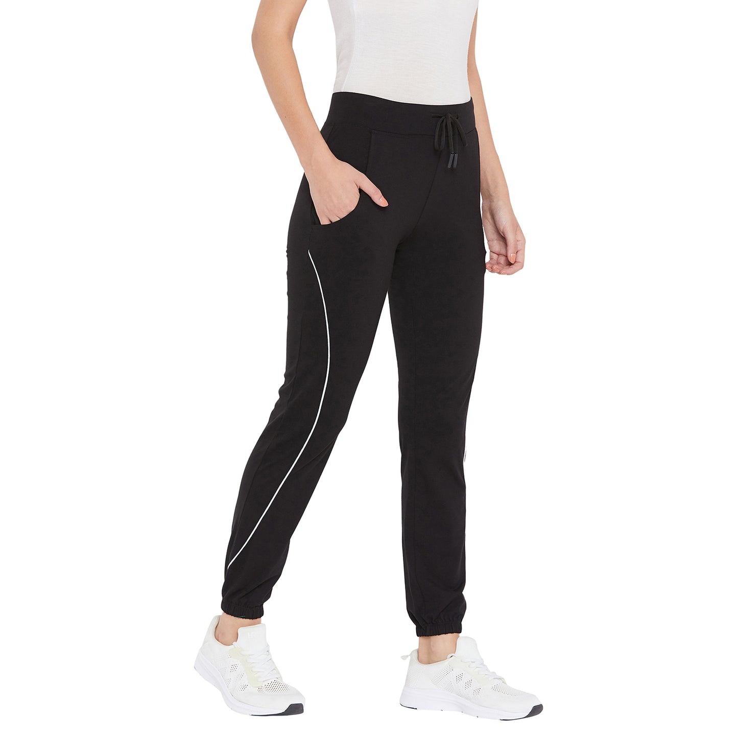 Women Bottom Rib Side Piping Track Pants Black Color