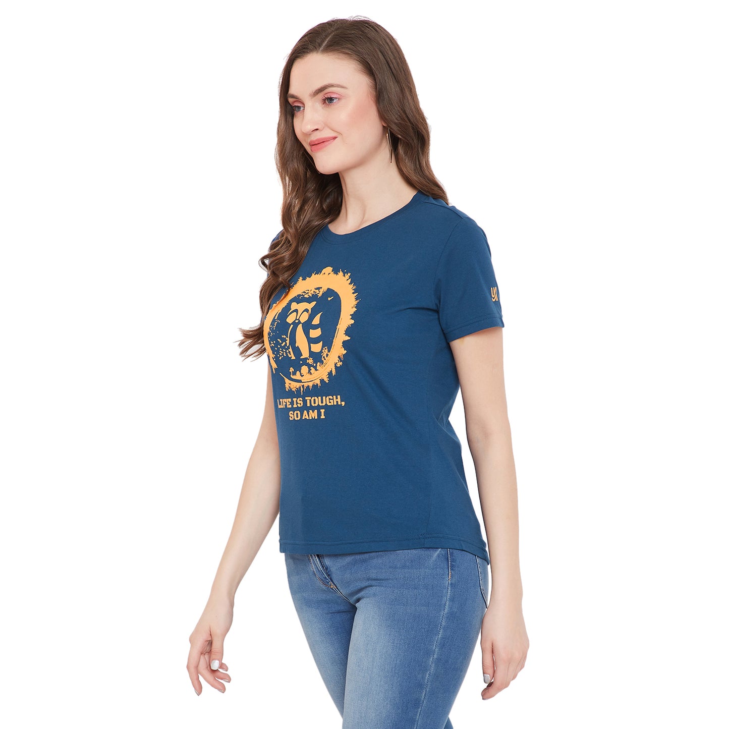 Cat Icon Printed Blue T-Shirt for Women