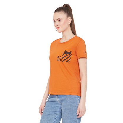 Cat Printed Orange T-Shirt for Women