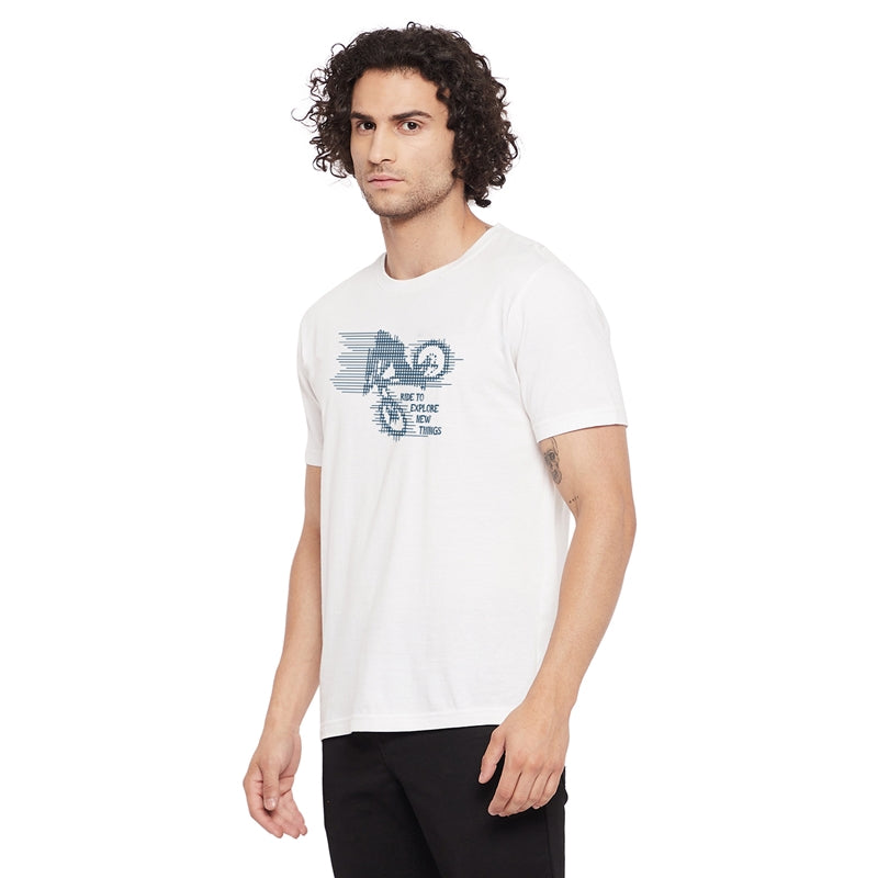 Ride To Explore New Things Printed White Color Round Neck T-Shirt For Men