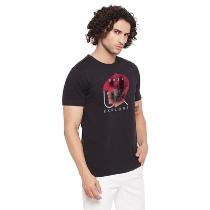 Explore Printed Black Color Round Neck T-Shirt For Men