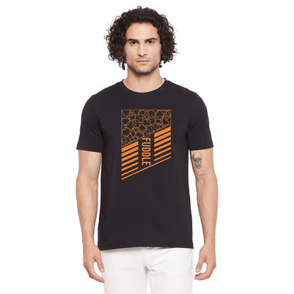 Fuddle Printed Black Color Round Neck T-Shirt For Men
