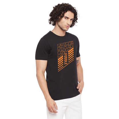 Fuddle Printed Black Color Round Neck T-Shirt For Men