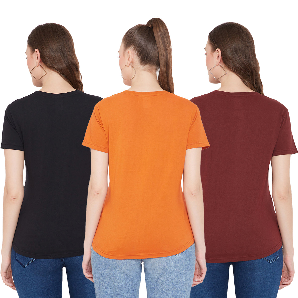 Women's Cotton T-Shirt Pack of 3 (Black/Maroon/Orange)