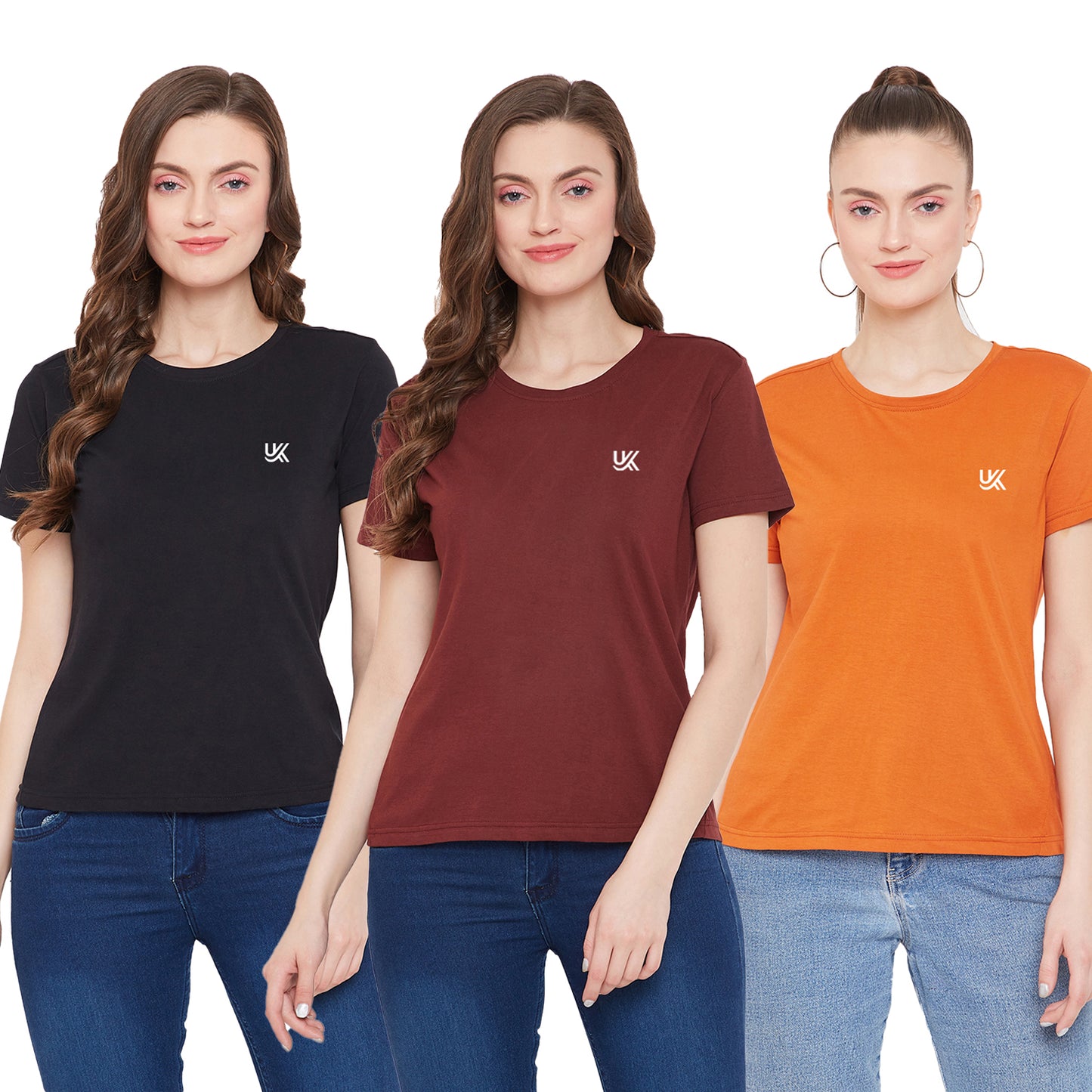 Women's Cotton T-Shirt Pack of 3 (Black/Maroon/Orange)