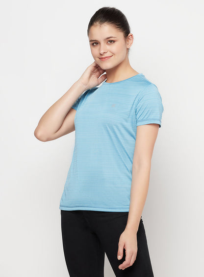 Light Blue/Black Color Women's Gym Wear Co-Ord Set, Track Suit Set of T-Shirt with Tights/leggings for Workout, Yoga and Running