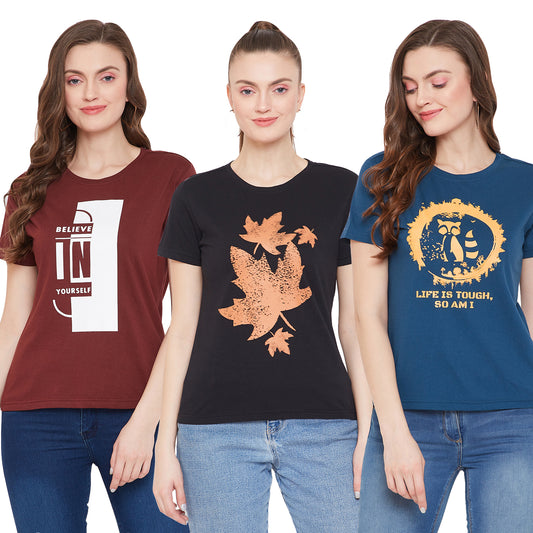 (Black/Blue/Maroon) Women Graphic T-Shirt Combo