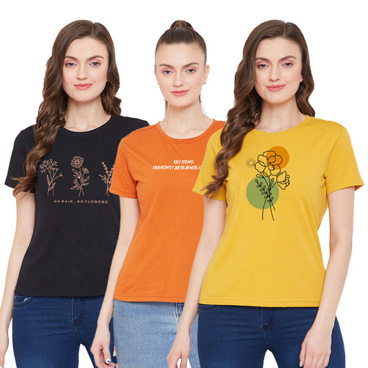 (Black/Orange/Yellow) Women Cotton T-Shirt Combo