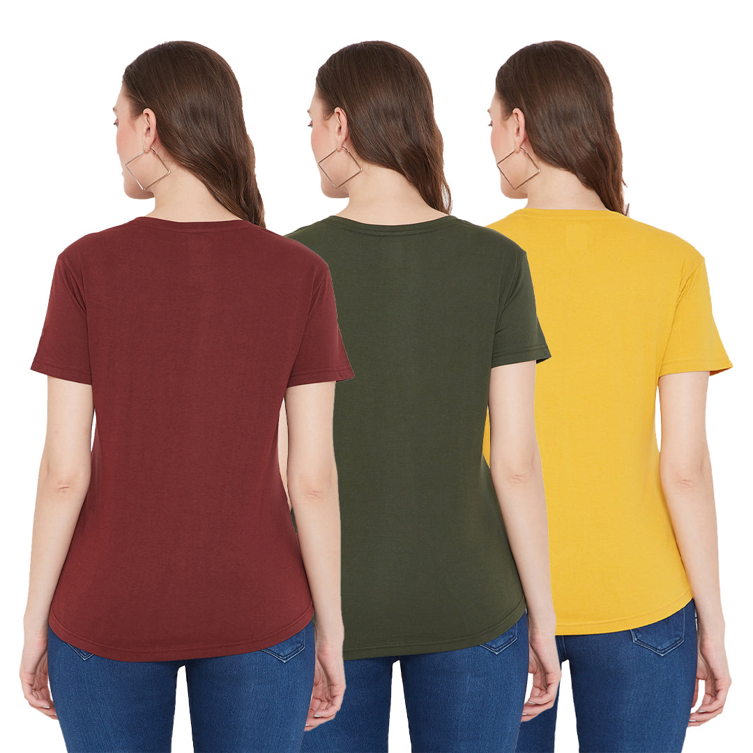 Women Cotton T-Shirt Combo (Green/Maroon/Yellow)