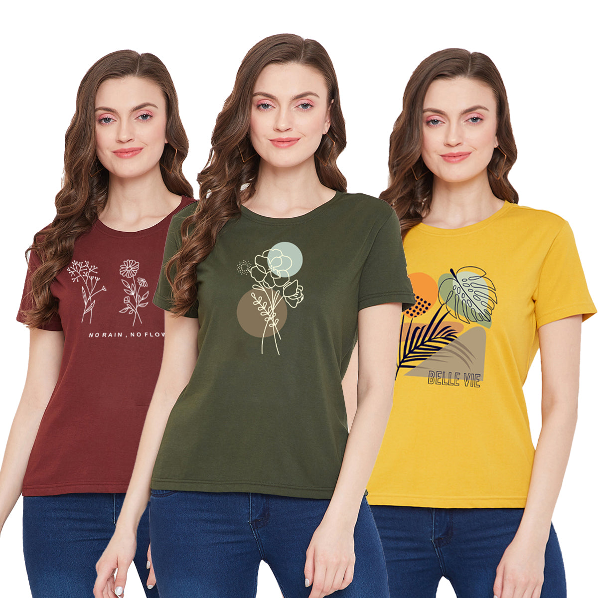 Women Cotton T-Shirt Combo (Green/Maroon/Yellow)