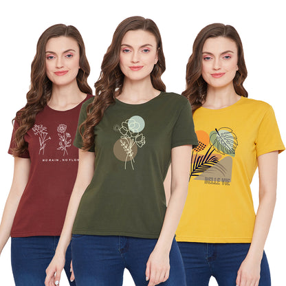 Women Cotton T-Shirt Combo (Green/Maroon/Yellow)