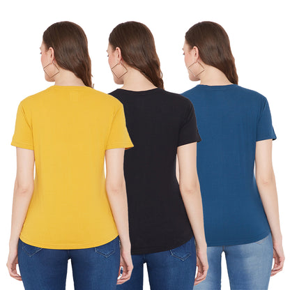 Women Cotton T-Shirt Combo (Black/Blue/Yellow)