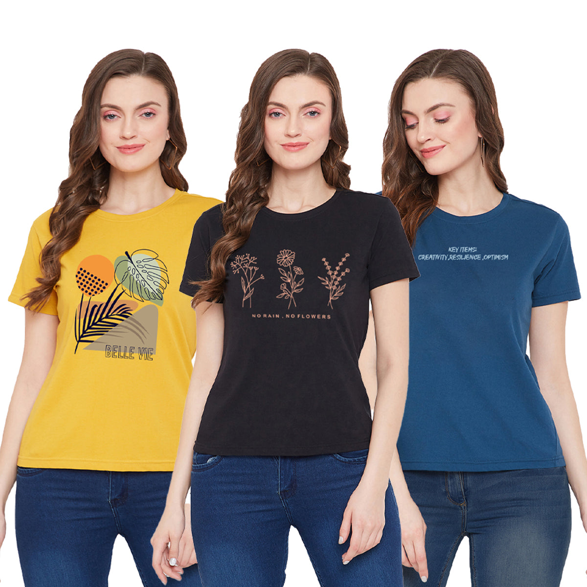 Women Cotton T-Shirt Combo (Black/Blue/Yellow)